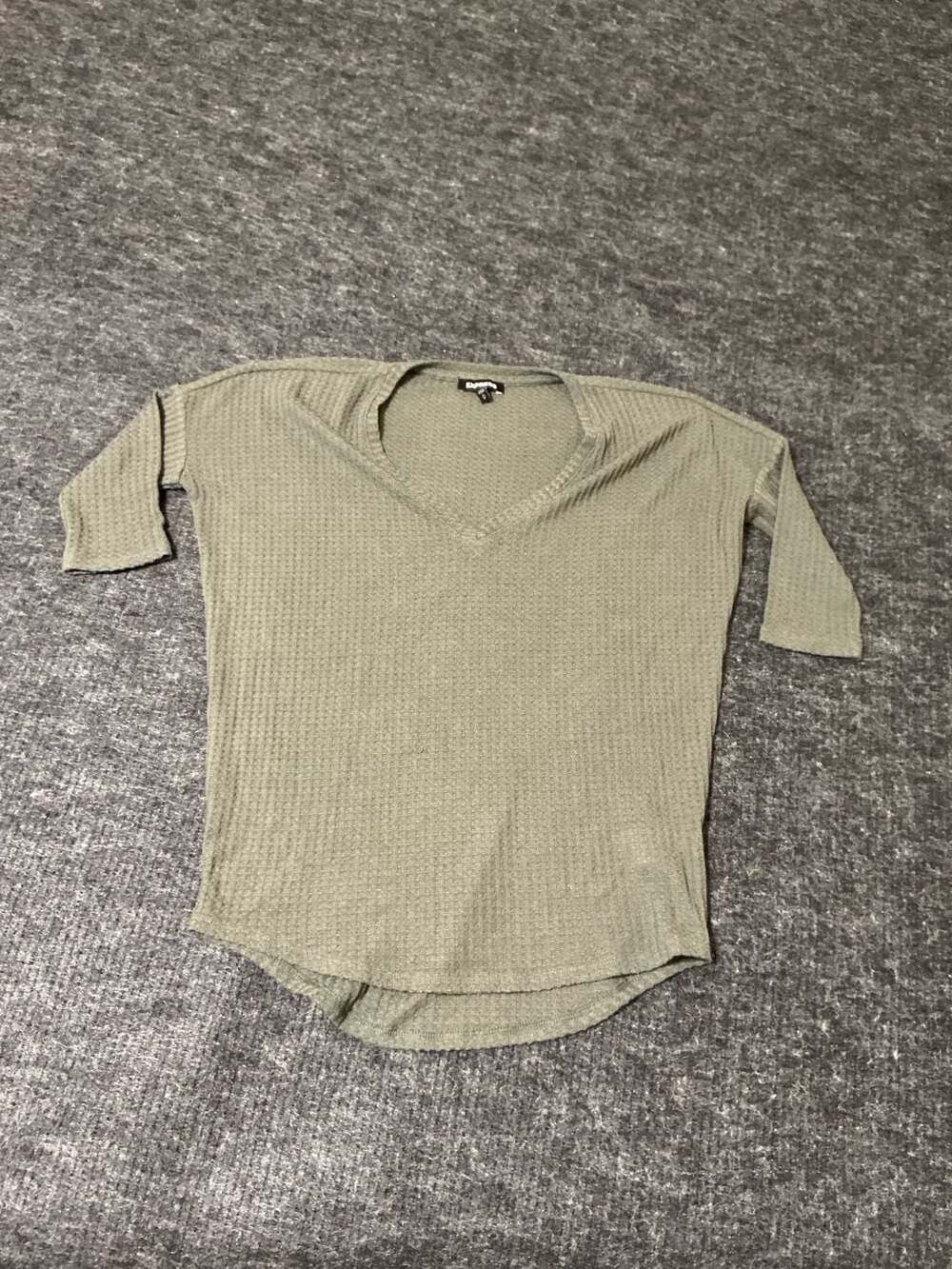 Express Women's Olive Green V-Neck Waffle Knit Thermal Top